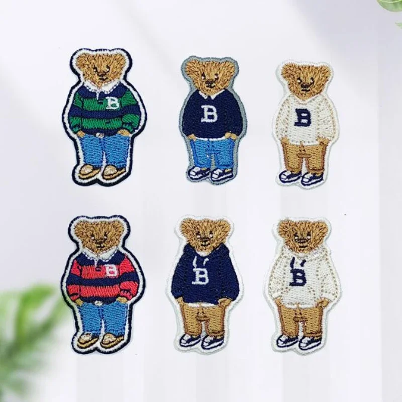 Cute Bear Wearing Sweater Embroidered Patches Iron on Sewing Patch for Cloth Applique Emblem Accessories Stickers Cartoon Badge