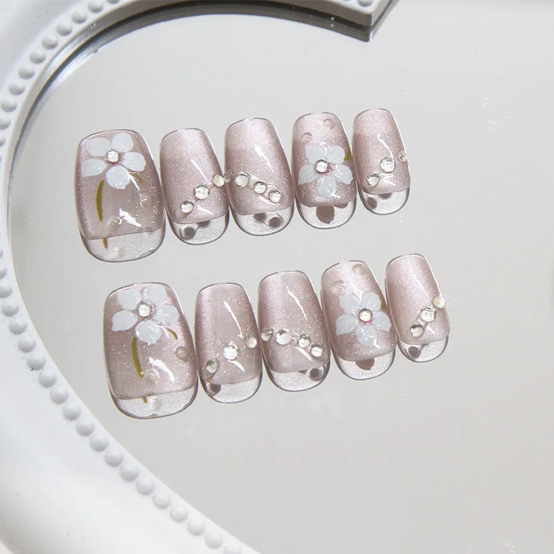 

24 Pcs Flower Press on Nails with Tools Cat Eyes Short Nail Tips Reusable adhesive Fake Nails for Women Prosthetic Nail Set