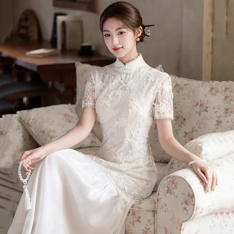 

White Lace Mermaid New Chinese Long Qipao Improved Young Style 2026 New Women's High end Qipao Evening Dress