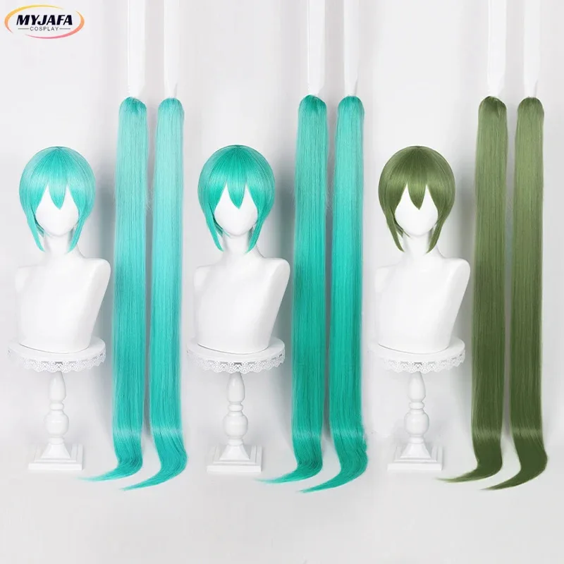 

115cm Miku Cosplay Wig Anime Long Ponytails Short Hair Straight Wig Heat Resistant Synthetic Hair Role Play Wigs + Wig Cap