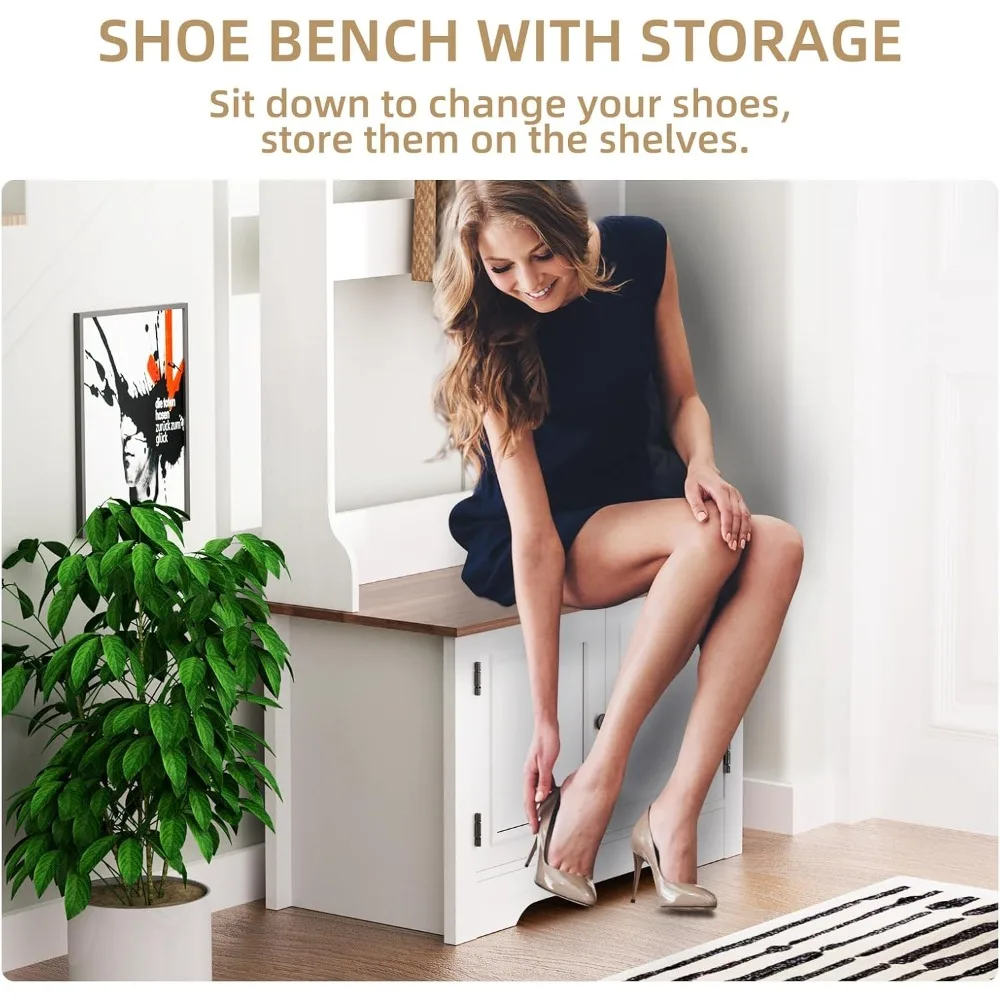 مقعد تخزين الأحذية متعدد الوظائف على طراز المزرعة مع رف معطف و3 خطافات للمدخل #6