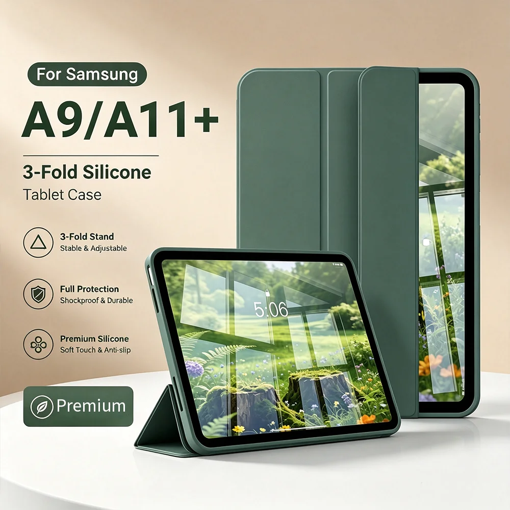 Tri-fold Flip Case for Samsung Galaxy Tab A9/A11 Plus, Silicone Case for Samsung Tablet X210 X230 Protective Cover Solid Color