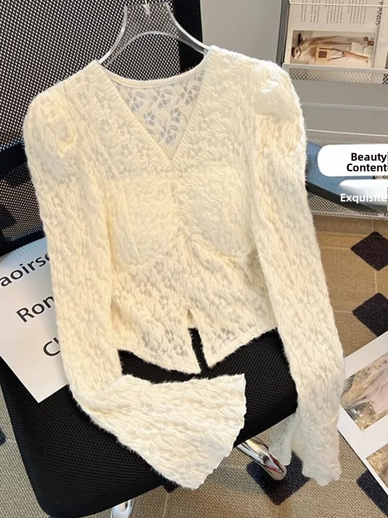 

Faionable V-Ne Lace Sve Base irt Women's ort Sle Long Sve Top Ele Korean Version Commute Sle Pure Color