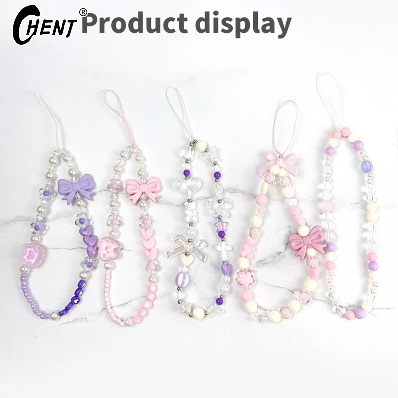 Bow Shaped Mobile Phone Chain Colorful Bead Decoration Short Bead Chain Portable Hanging Rope Anti Loss Chain