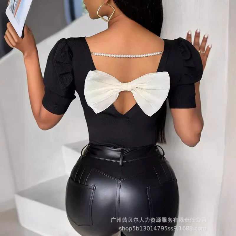 2024 Spring Summer New Women's Clothing Solid Color Bow Short Sleeve Back Design Blouse