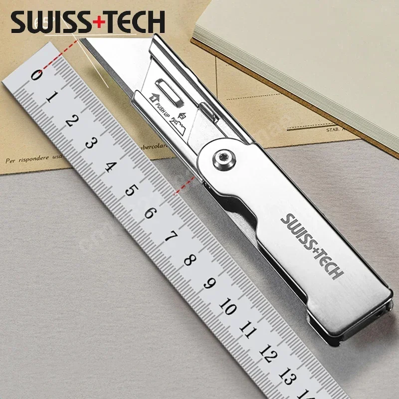 Swiss Tech-cuchillo plegable de bolsillo con Clip para cinturón, cuchilla pequeña para cortar papel, caja de corte