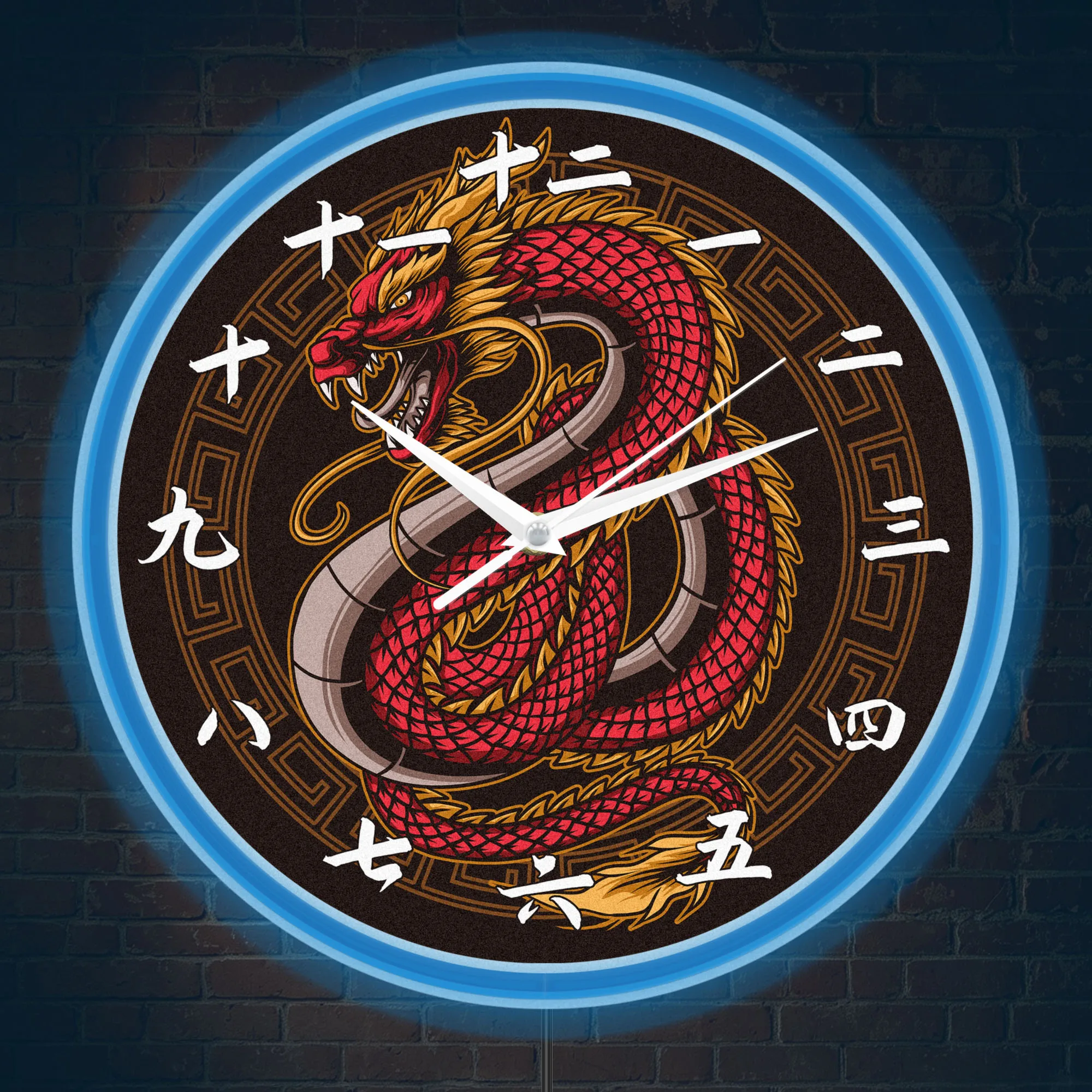 Oriental Red Dragon Chinese Numeral Character Wall Clock for Man Cave Bedroom Fantasy Home Decor LED Ambient Light Wall Clock