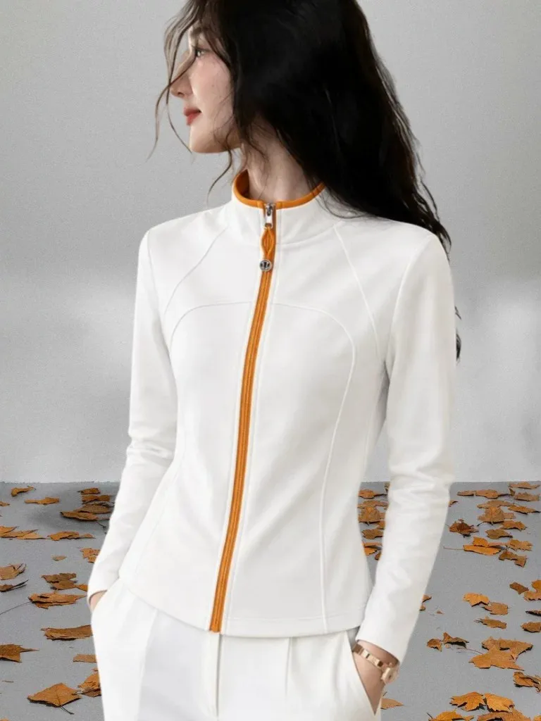Slim Fit Sportswear Jacket Women's Spring New Color Block Stand Collar Zipper Long Sleeve Waist Cinched Zipper Open Cardigan Top