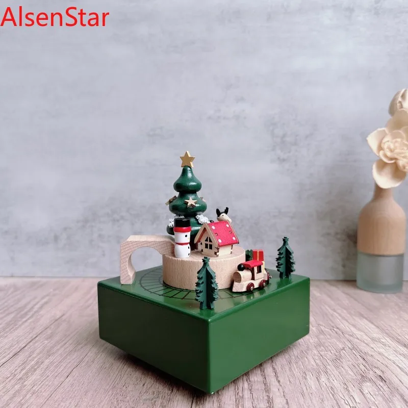 Creative Train Rotating Music Box Wooden Craft Handicraft Ornament Children New Year Christmas Gift Home Decoration