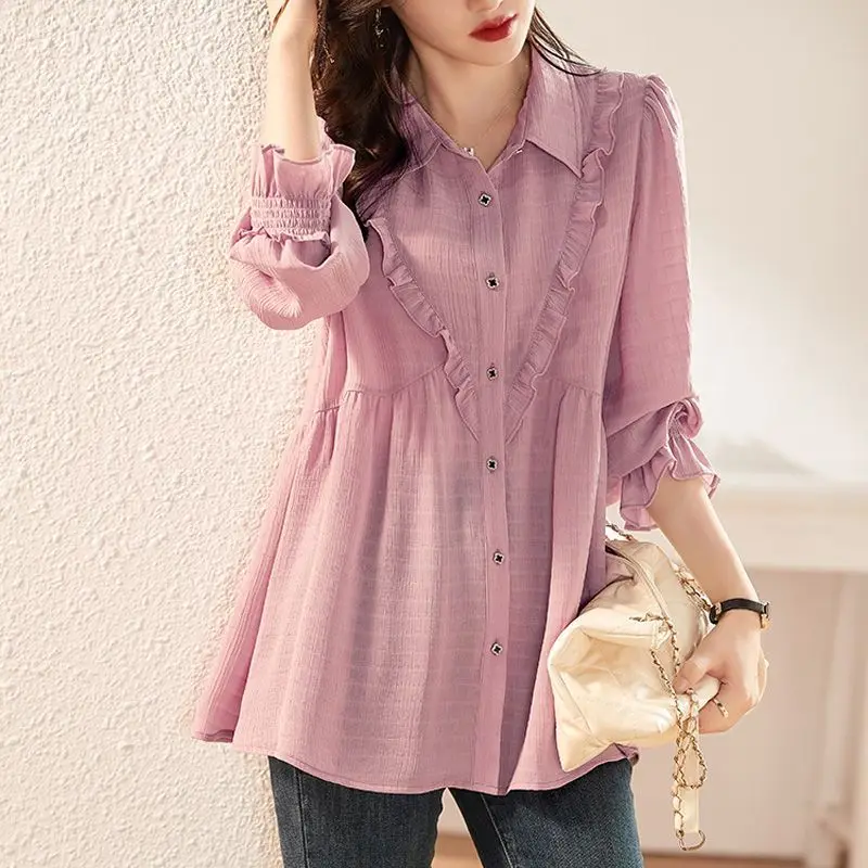 Sweet Folds Spliced Pink Shirt Commute Women\'s Clothing Single-breasted Spring Autumn Loose Long Sleeve Stylish Shirring Blouse