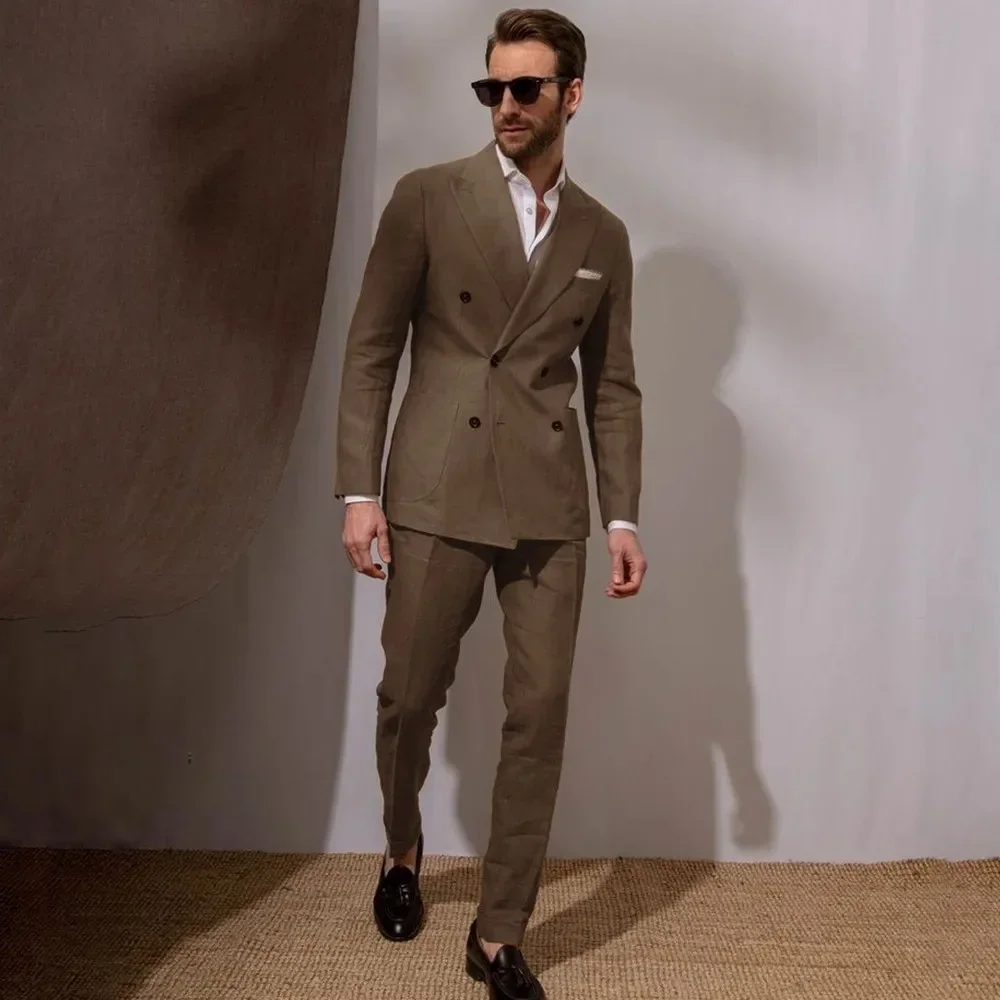 

High Quality Brown 2 Piece Jacket Pant Men's Suits Double Breasted Bespoke Double Breasted Peaked Lapel Formal Blazer Slim Fit