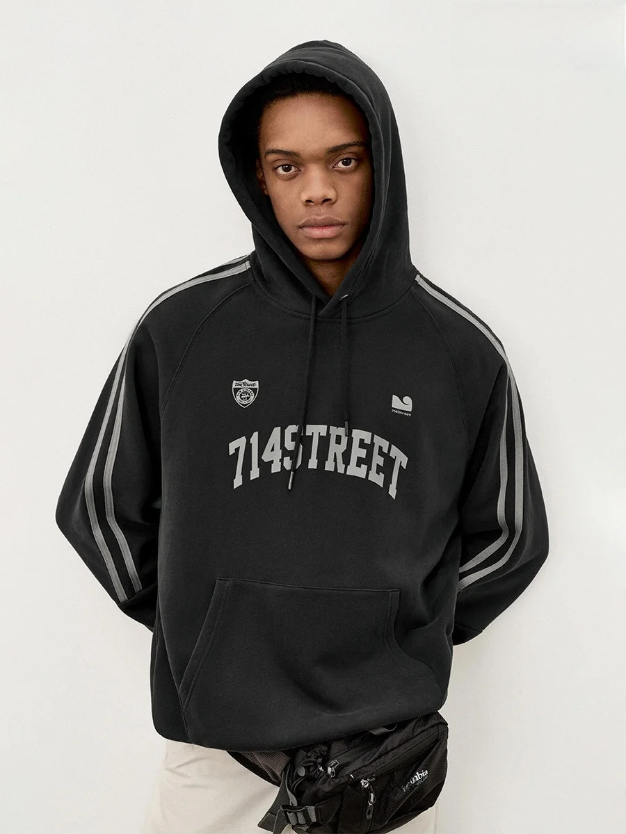714street American Retro Color Block Hoodie Men's Autumn Couple Style Loose Fit Long Sleeve Printed Sweatshirt Casual Sportswear