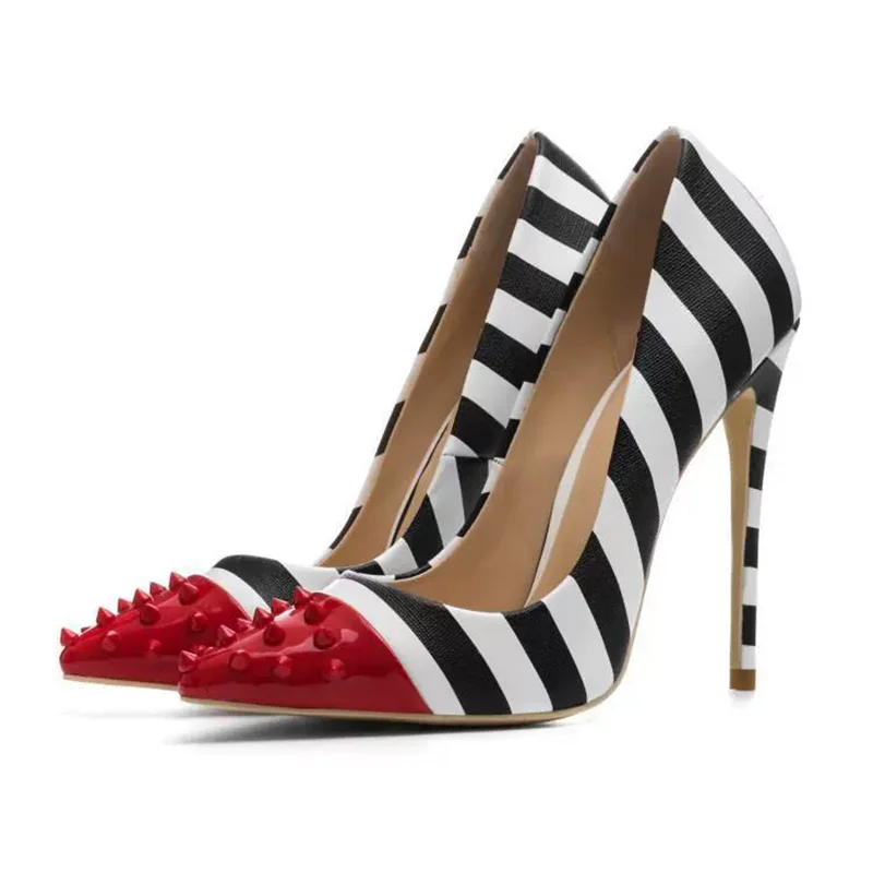 

Spring new pointed shallow patent leather stitching striped rivet shoes thin high-heeled banquet dress large-size women's shoes