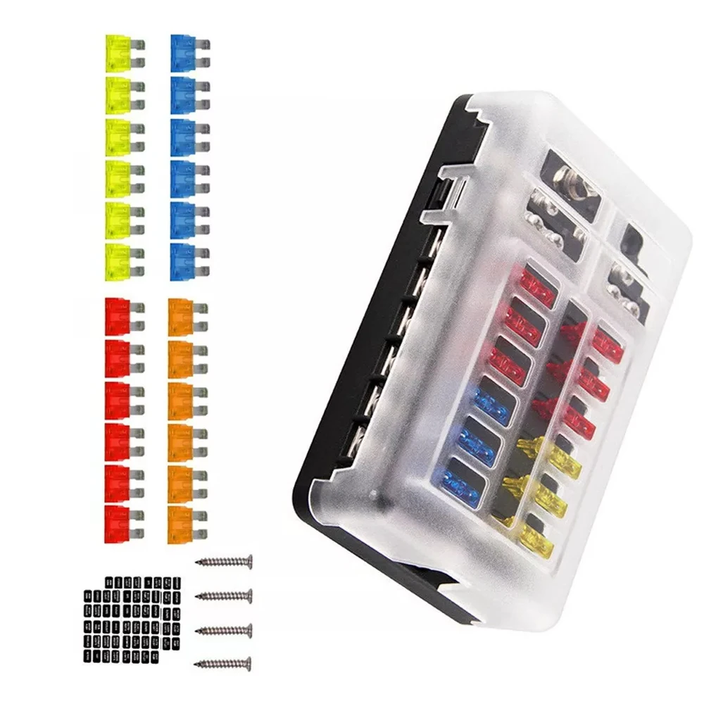 Car Boat Fuse Box Holder With 12 Way Blade Fuse Holder Block & Warning Indicator 32V Power Distribution Panel Board