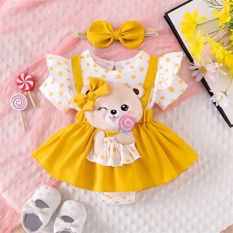 Pudcoco طفل الفتيات 2 قطعة ملابس الصيف قصيرة الأكمام الدب التطريز رومبير مع مجموعة عصابات رأس ملابس الوليد 0-18 متر