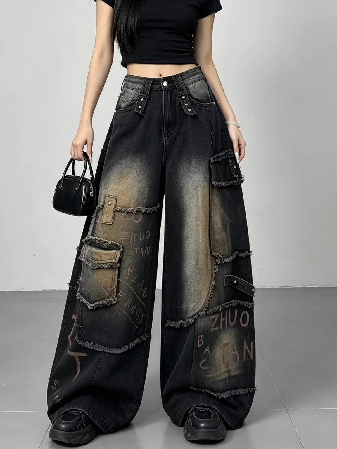 Retro Hand-Painted Graffiti Workwear Jeans High Waist Loose Leg Summer Casual Women's Denim Pants High Street Style Floor-Length