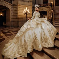 Angelsbride Customized Ball Gown Quinceanera Dresses Gold Appliques Long Sleeves Beading Evening Party Dress Vestidos XV Años