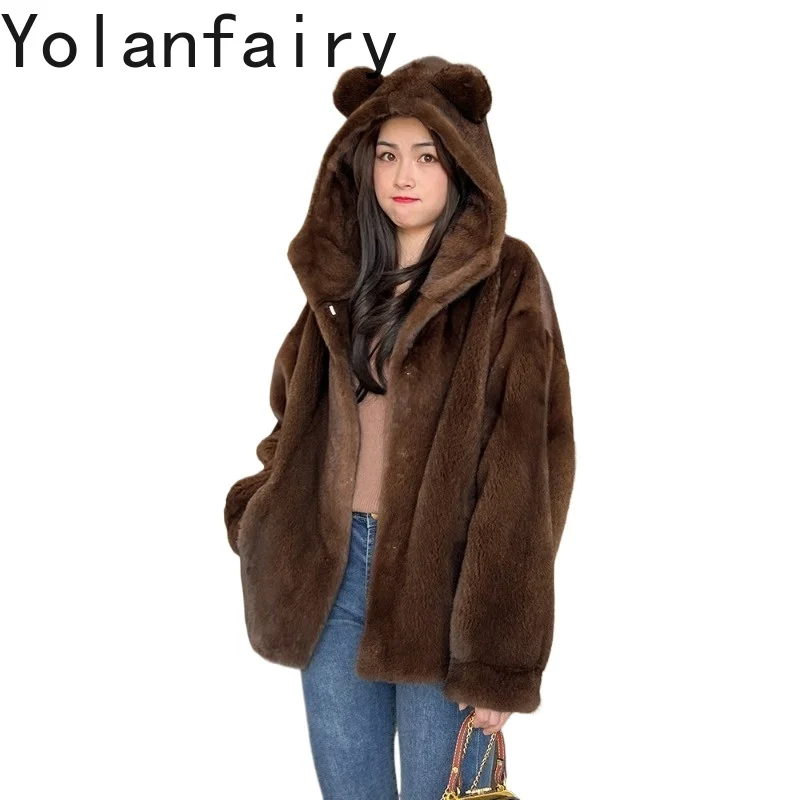 

YOLANFAIRY Cute Style Natural Fur Coat Woman 2026 Luxury Whole Mink Real Fur Coats Jackets Women Elegant Fur Jacket Hood Casaco