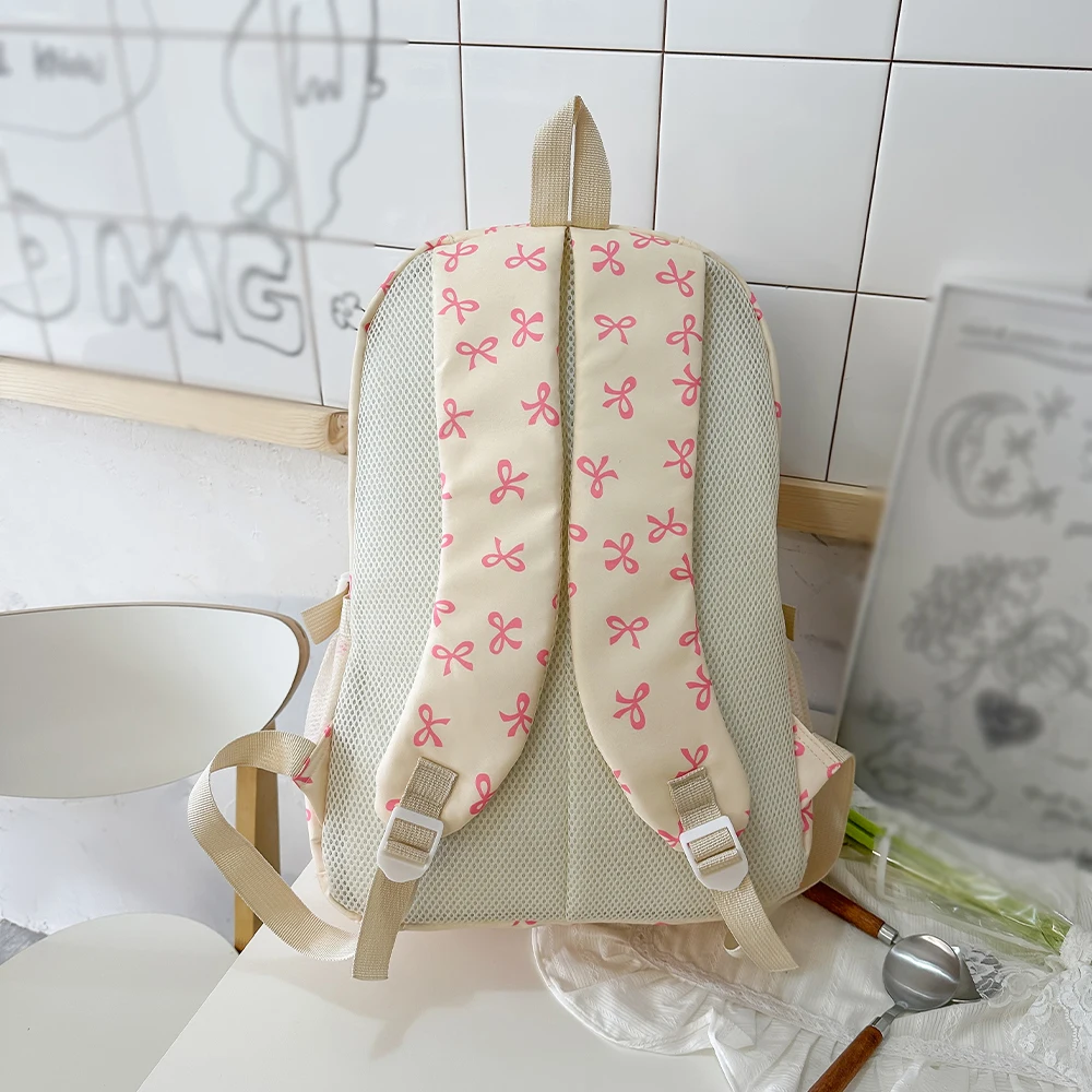 Korean Fashion Bow Print Women's Fashion Backpack Lightweight Simple Student Schoolbag Female Bag Set Three-Piece