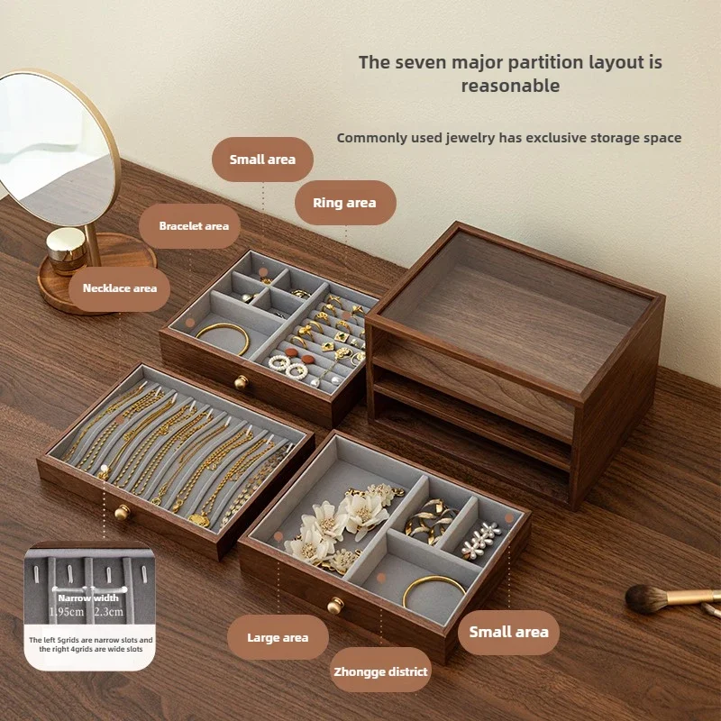 Retro Multi-Layer Storage Box Premium Wooden Jewelry Case Partitioned Storage Drawer Space-Saving Earring Necklace Display Rack
