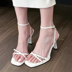 Women's Fashion Sandals Buckle High Heels Korean Style New Elegant Open Toe Square Head Solid Colour Party Walking Shoes