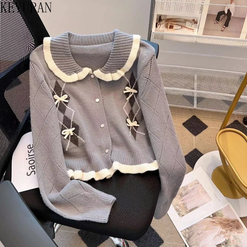 Vintage Ruffles Peter Pan Collar Sweater Women 2024 Autumn Winter Elegant Long Sleeve Kawaii Bow Argyle Knitted Cardigan Jacket