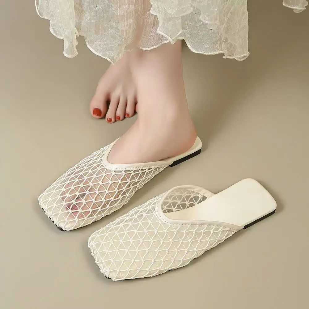 

Women Big Mesh Closed Toe Flat sole Slippers Summer New Soft sole Non Slip Breathable Lightweight Square Toe Half Slippers