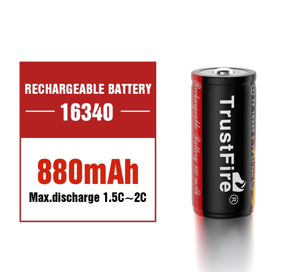 

TrustFire 16340 Rechargeable Li-ion Battery 880mAh with PCB 3.7V Lithium Cells for LED Flashlight Sport Camera 100% Original