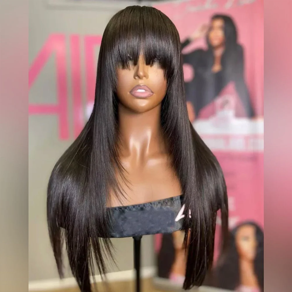 

100% Straight Human Hair Wig With Bangs 3x1 HD Lace On Top Full Machine Made Wig Glueless Brazilian Straight Hair Wigs On Sale