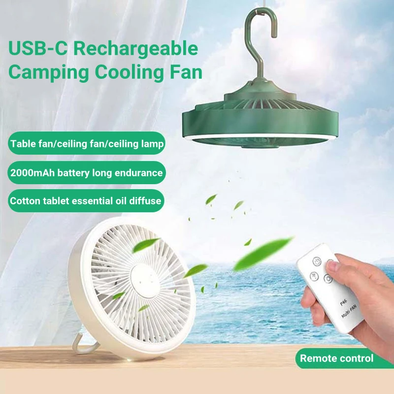 

2000mAh Camping Fan Rechargeable Desktop Portable Air Circulator Wireless Ceiling Electric Fan with Remote Control LED Lighting