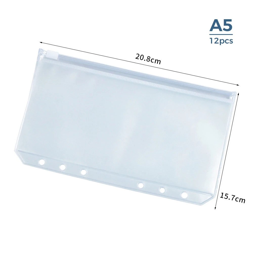 Limpar PVC Zipper Pastas com Buraco, convenientes Binder Bolsos, 6-Ring Notebook Binder, Arquivos Relatórios, A5, A6, A7