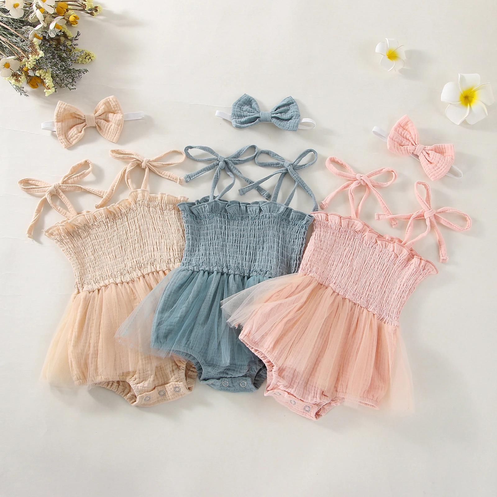 Infant Baby Girl Spaghetti Strap  Sleeveless Floral Print Tutu Romper Dress Summer Cotton Linen Bodysuit