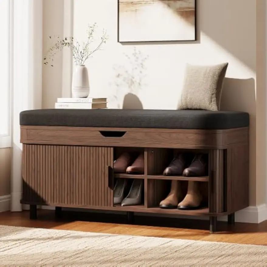 Shoe Storage Bench With Lift Top, Entryway Footwear Organizer Rack, Wooden Seating Furniture Display Holder With Padded Cushion For Hallway Living Room, Mid Century Modern Style, Walnut, One Piece
