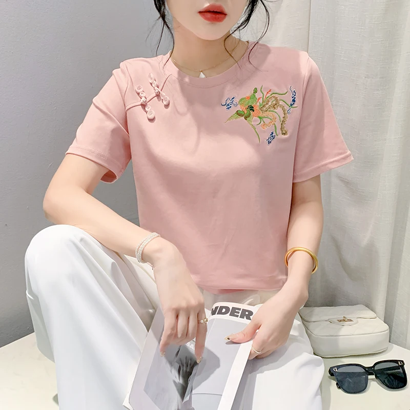 2024 New Chinese Style Button O-neck Embroidery Female T-shirt Spring Summer Slim Woman S-3XL Short Sleeve Charming