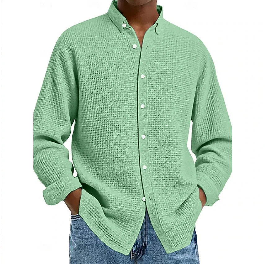 Men's Casual Long Sleeve Shirt Cardigan Solid Waffle Knit Button Up Blouse Top Spring Summer Mens Shirts Oversized Streetwear