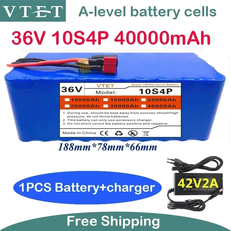 

2024 New 36V Battery 10S4P 40Ah Pack 1000W 18650 High Power Battery 42V 40000mAh For Ebike Bike with BMS+42V2A Charger XT60