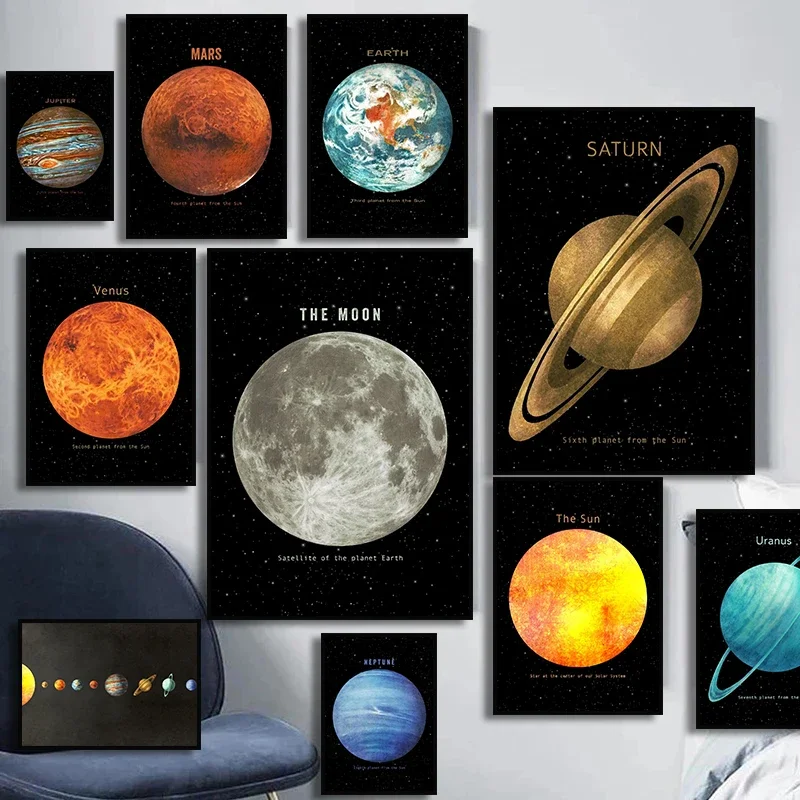 Terra Venus Luna Marte Saturno Urano planeta Sistema Solar pinturas en lienzo póster e impresión imágenes artísticas de pared decoración de la habitación de los niños