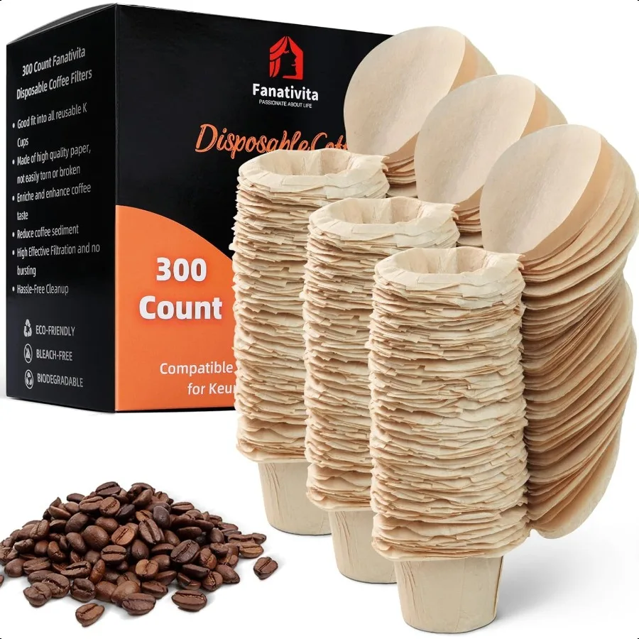 

300 Count Paper Coffee Filters with Genius Lid Design Fit All Reusable K Cups for Keurig Unbleached