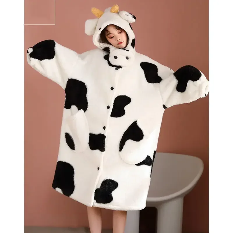 Female Cartoon Cow Thick Hooded Nightgown Kawaii Women Winter Robes Home Clothes Flannel Sleepwear Girls Animal Fleece Pajamas