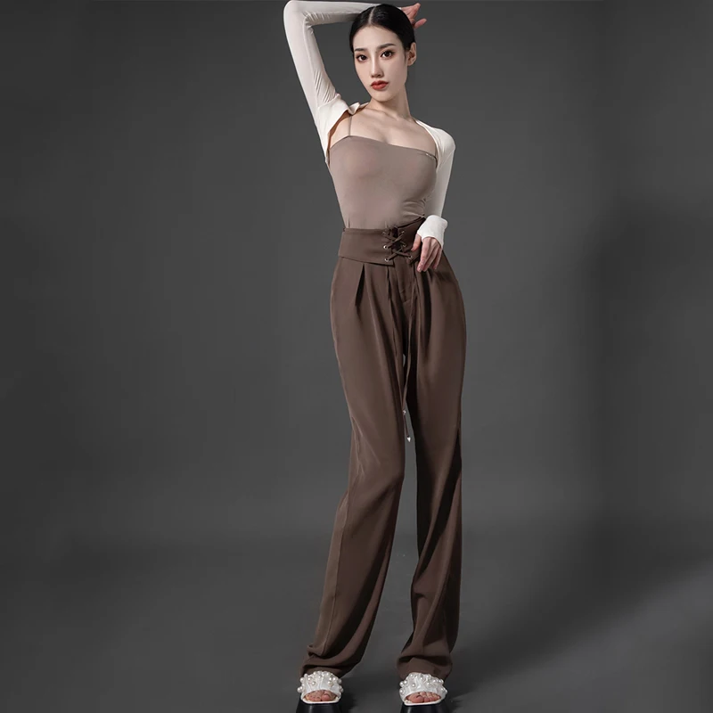 2023 New Latin Dance Costumes For Women Long Sleeved Brown High Waisted Pants Suit Chacha Modern Latin Performance Wear DQS13281