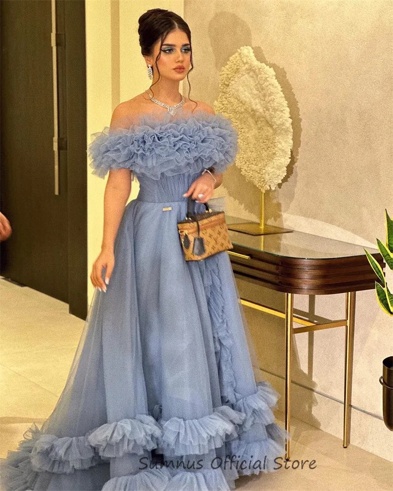 SUMNUS Blue Tulle A Line Princess Wedding Party Dresses Off Shoulder Tiered Ruffles Evening Prom Gowns Bespoke Occasion Dress