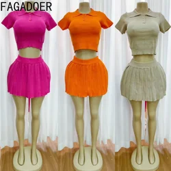 FAGADOER Summer New Solid Color Quality Knitting Two Piece Sets Women Short Sleeve Slim Crop Top And Pleated Mini Skirts Outfits