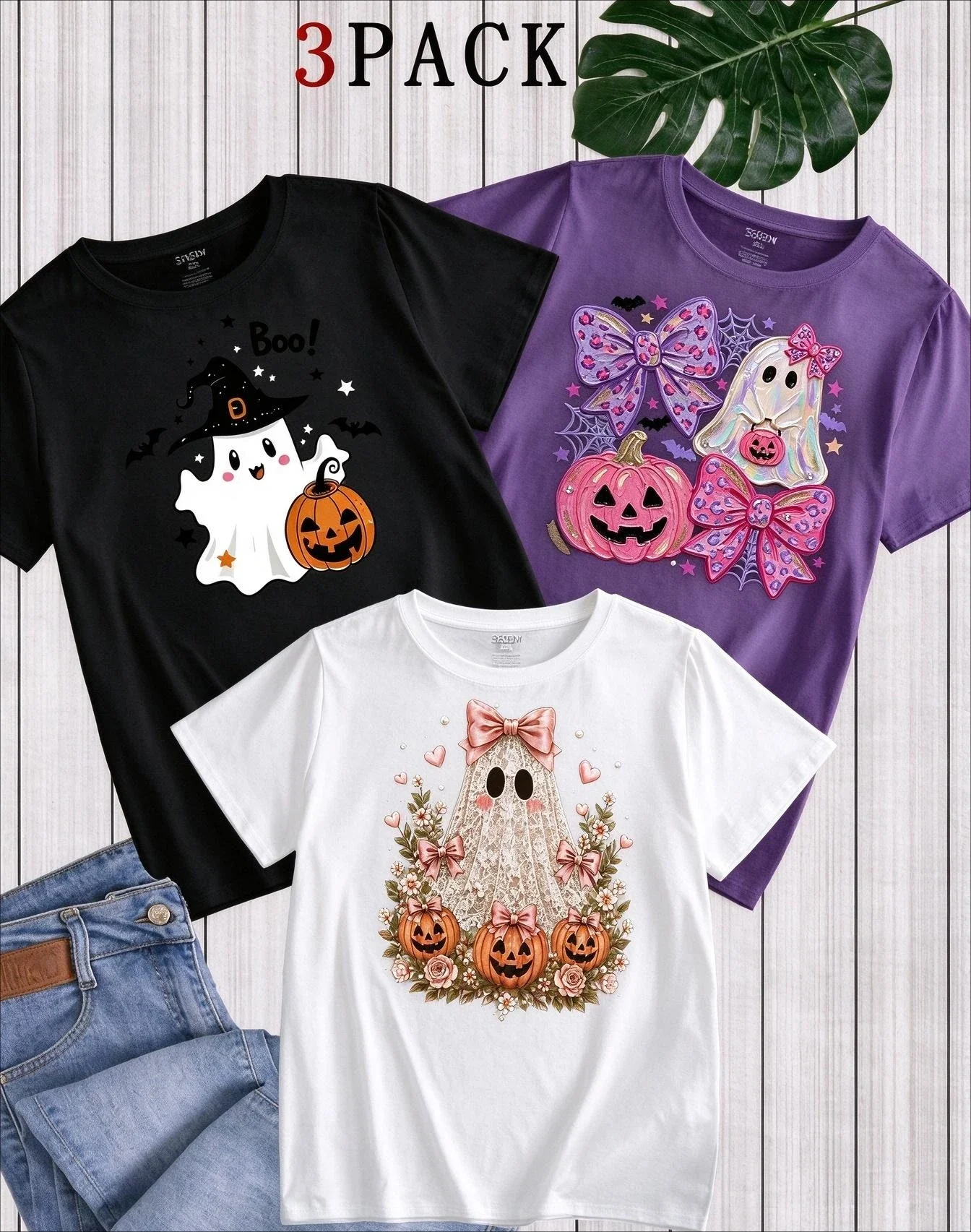 2026 Women 3-Pack Halloween Holiday T-Shirt Multipack, Coquette Aesthetic Pink Spooky Season Tees, Ghost & Pumpkin With Bow Graphic Print, Casual Short Sleeve Basic Tops For Fall Holiday Outfit