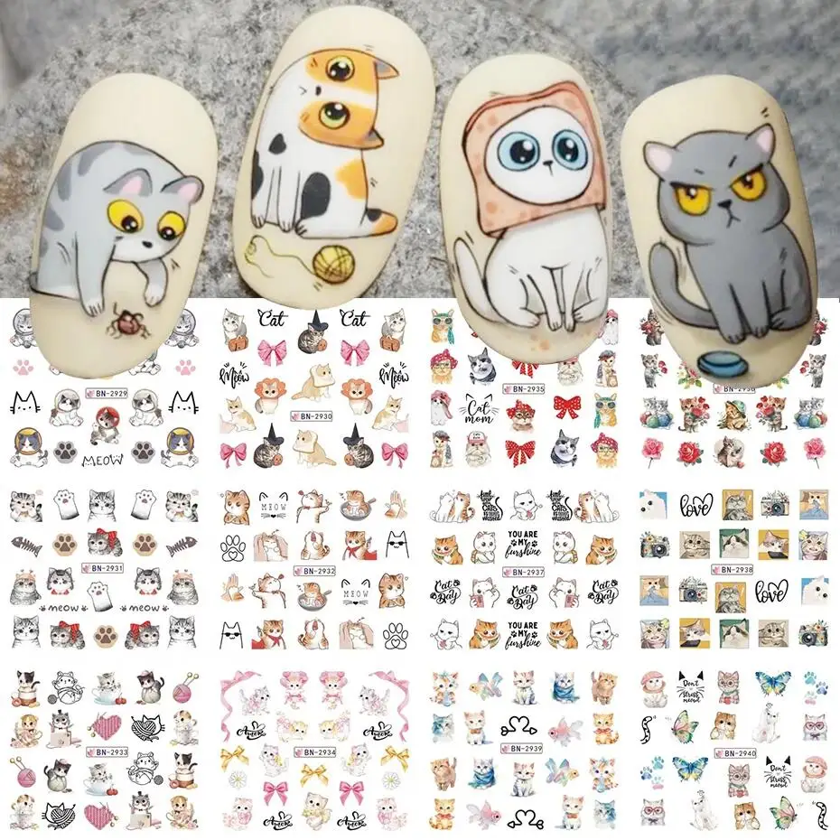 12pcs Cute Cat Nail Water Sticker Kawaii Anime Watercolor Design Foil for Nail Decals Cartoon Watermark Transfer Manicure Slider