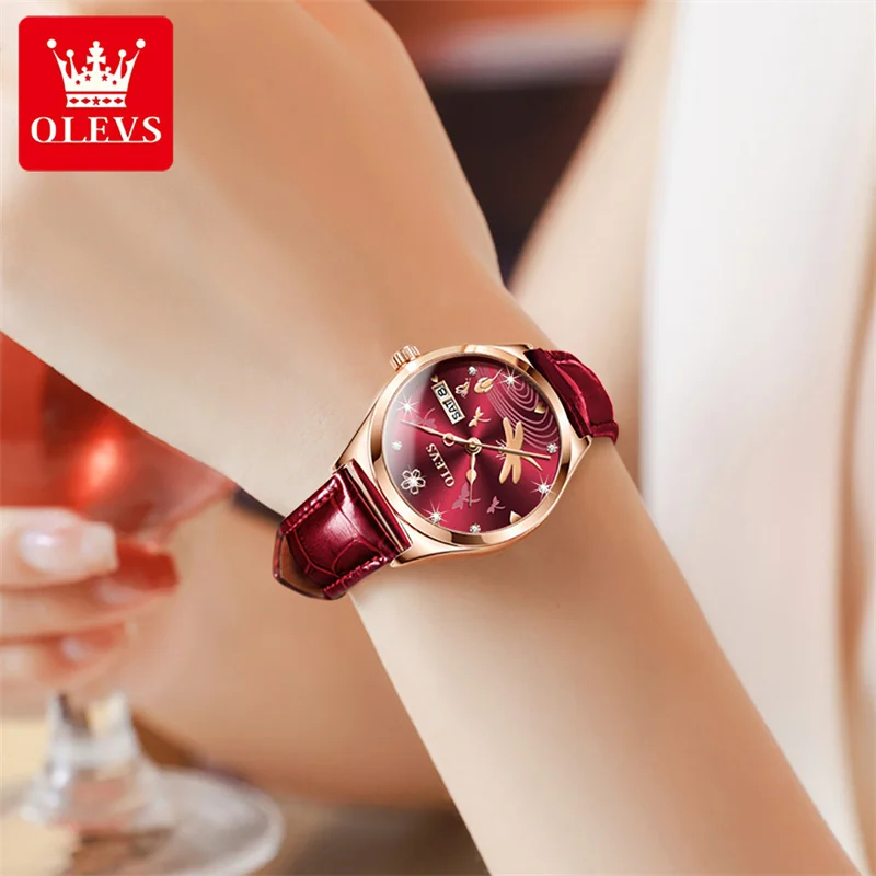 Reloj Mujer OLEVS Automatic Mechanical Women Watches Fashion Rose Gold Leather Strap Ladies Watch Romatic Girlfriend Gift