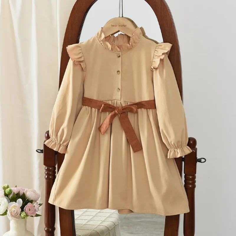 

Bear Leader Spring and Autumn New Korean Version Plain Long Sleeved Girls' Dress Button Tied Belt Kids Casual Dresses
