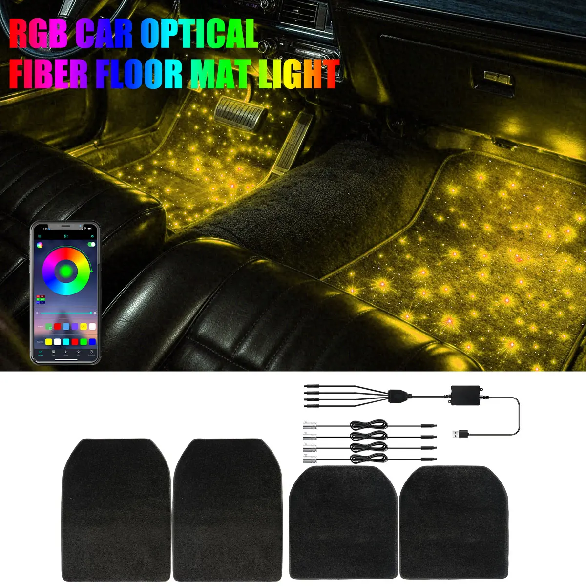 4Pcs RGB Fiber Optic Star Car Floor Mats APP Control USB LED Waterproof Universal Car Interior Rugs Decoration Atmosphere Light