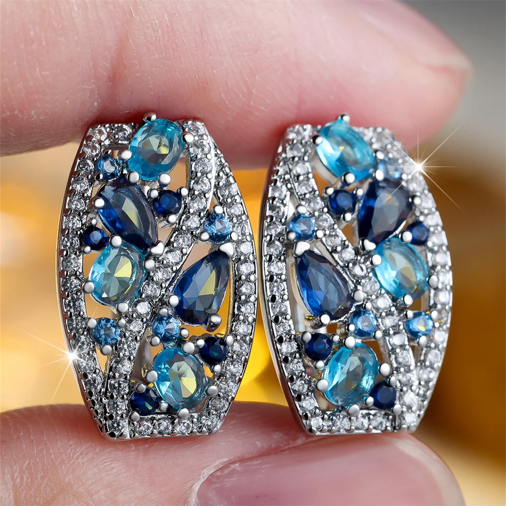 Aqua Blue Crystal Water Drop Stone Hoop Earrings For Women Vintage Silver Color Geometric Wedding Jewelry