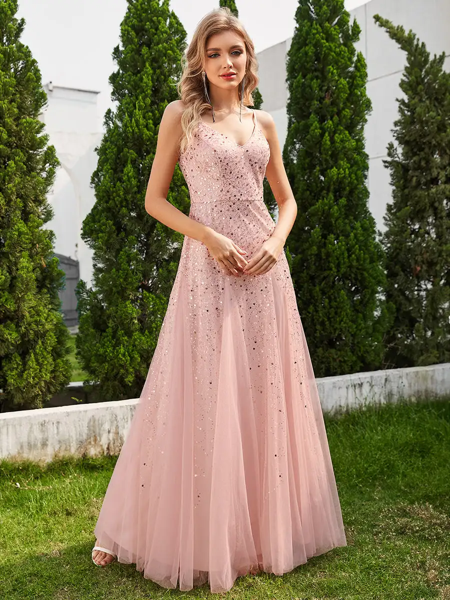 

Elegant Evening Dresses V Neck Spaghetti Strap Tulle Floor length 2025 Ever Pretty of Glittery Sequin Pink Bridesmaid Dress