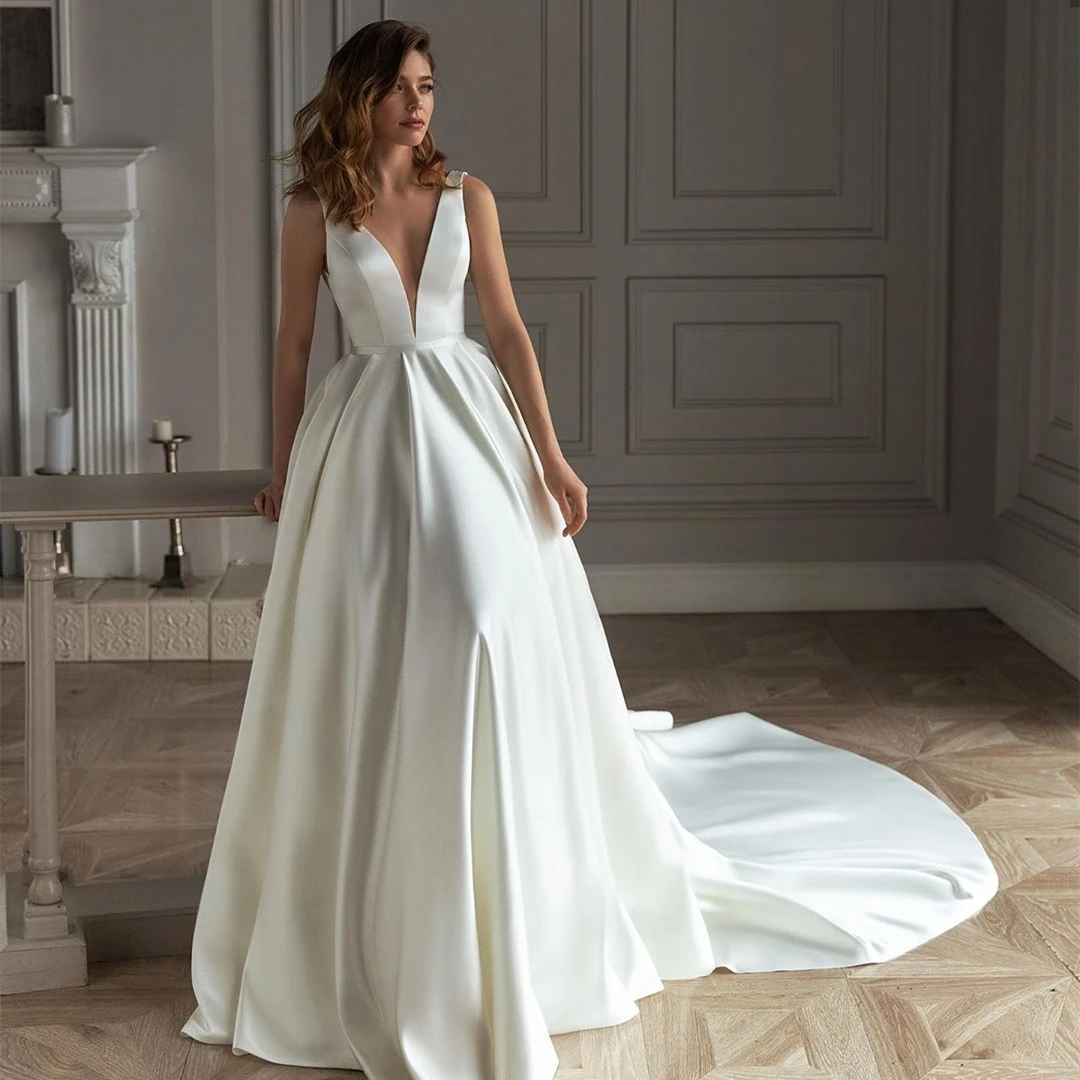 

vinca sunny novias Deep V Neck Wedding Dresses 2023 Sleeveless Pearls Backless Satin Chapel Train Bridal Gowns Vestidos De Novia